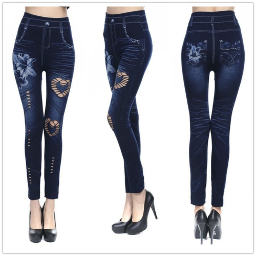 Faux Denim Slim Leggings Flower/Heart - Picture 2 of 4
